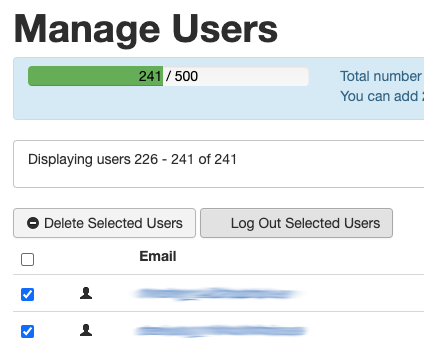 Screenshot that shows the new button that logs out selected users, located on the Manage Users page. 