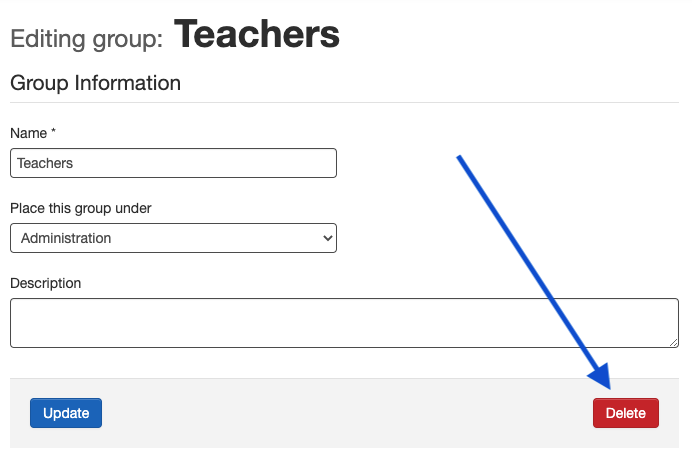 Screenshot of Edit Group page where the delete button is visible and marked with an arrow.