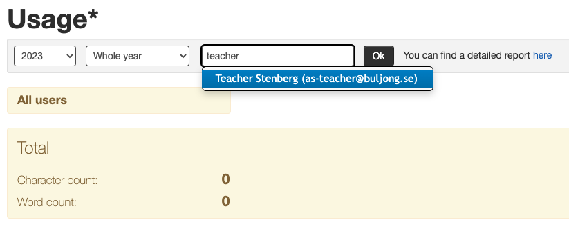Screenshot of Usage page where the word Teacher has been entered in the search field and a list of suggestions is displayed.