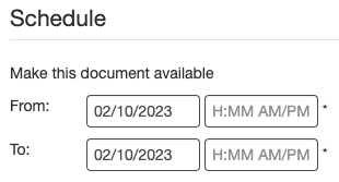 Screenshot of the date fields in the document sharing dialog. The same date is filled in to illustrate that the value is copied from one field to the other.