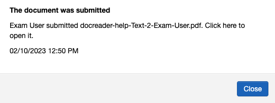 A screenshot showing a notification of a submitted exam that the teacher receives after an exam has been submitted.