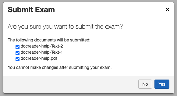 Screenshot of dialog window where the student can select which tabs should be submitted as part of the exam.