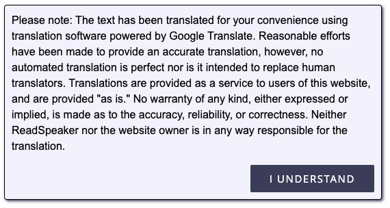 Screenshot of translation disclaimer that has been updated.