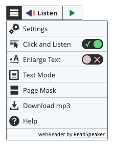 Screenshot of webReader menu with the Click and Listen item enabled.