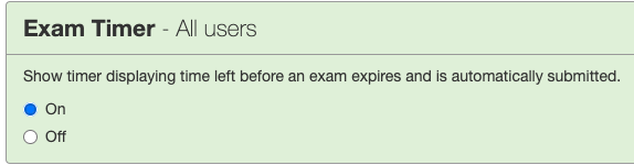Screenshot of a part of the settings page where coordinators can change the exam timer default setting.