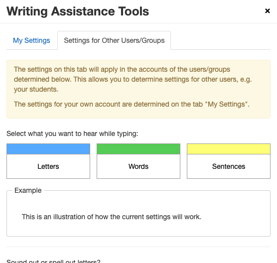 Screenshot of part of the Writing Assistance Tools dialog, with the tab where teachers can update settings for multiple users