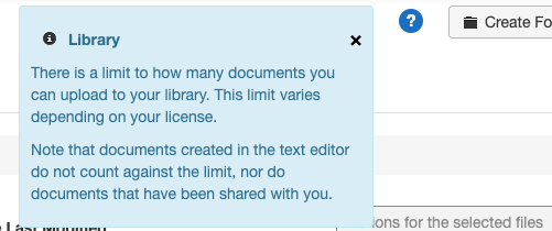 Screenshot of help text in the library, giving information about how the document quota is calculated.