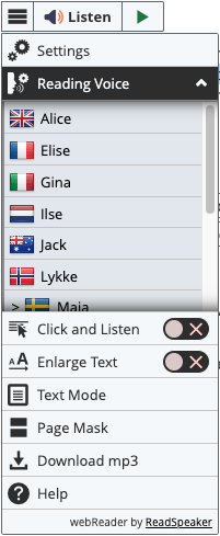 Screenshot of inline reading voice menu.