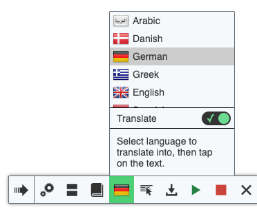 Screenshot of the translation menu on mobile.