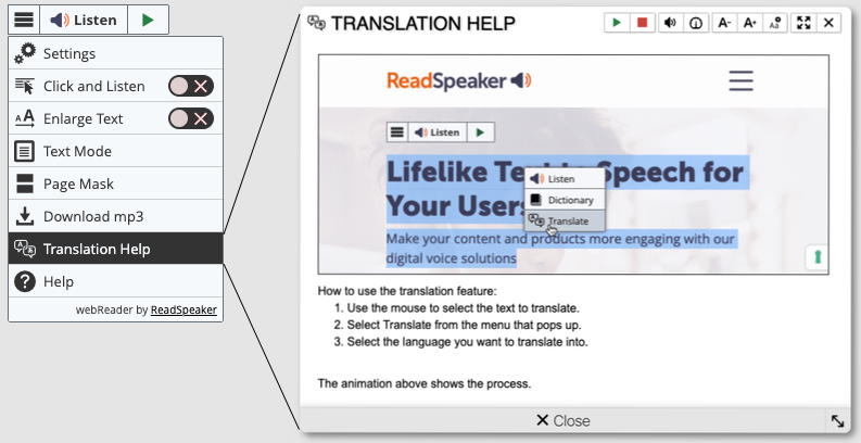 Screenshot of the Translation help menu item, and the translation help dialog window.
