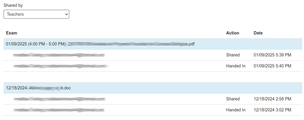 Screenshot of the exam log with some sample exams in a list.