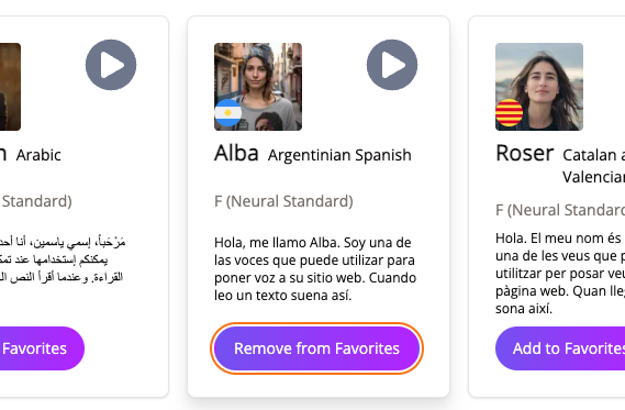 Screenshot of speechMaker Studio's voice gallery, with focus on the Add to/Remove from favorites buttons.