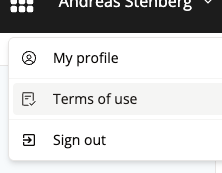 Screenshot of the user menu, focusing on the Terms of Use menu item.