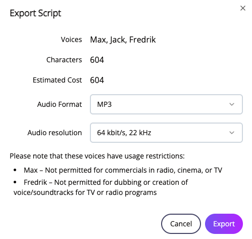 Screenshot of the export dialog window where some of the used voices have restrictions, which are listed at the bottom of the dialog.