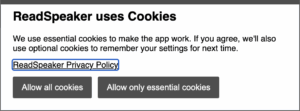 Screenshot of the new cookie dialog.