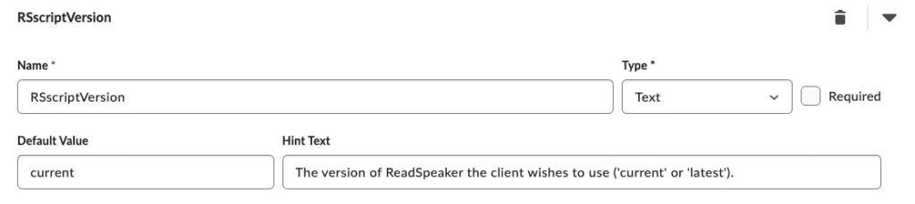 Screenshot of the script version setting in the Brightspace extension editor.