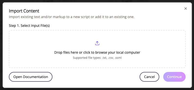Screenshot of the Import guide, which assists the user in importing content to a new or existing script.