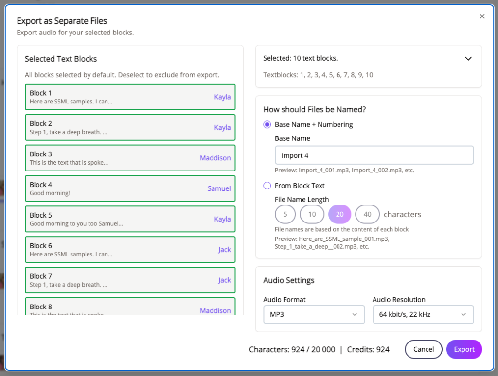 Screenshot of the Export as Separate Files dialog.
